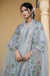 Shop_Mangalmay by Aastha_Grey Kurta- Chanderi Silk Hand Painted Floral V Neck Serenity Embroidered Set _Online_at_Aza_Fashions