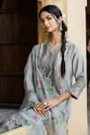 Mangalmay by Aastha_Grey Kurta- Chanderi Silk Hand Painted Floral V Neck Serenity Embroidered Set _at_Aza_Fashions