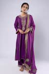 Buy_Pants And Pajamas_Purple Chanderi Sequins, Zari, Embroidery Round Neck Placket Kurta And Pant Set _at_Aza_Fashions