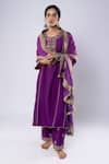 Pants And Pajamas_Purple Chanderi Sequins, Zari, Embroidery Round Neck Placket Kurta And Pant Set _Online_at_Aza_Fashions