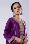 Pants And Pajamas_Purple Chanderi Sequins, Zari, Embroidery Round Neck Placket Kurta And Pant Set _at_Aza_Fashions