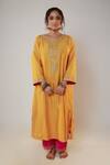 Buy_Pants And Pajamas_Yellow Chanderi Sequins, Zari, Embroidery Round Neck Placket Kurta And Pant Set _at_Aza_Fashions