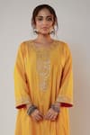 Pants And Pajamas_Yellow Chanderi Sequins, Zari, Embroidery Round Neck Placket Kurta And Pant Set _at_Aza_Fashions