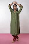 Buy_Pants And Pajamas_Green Chanderi Sequins, Zari, Embroidery Split V-neck Floral Kurta And Pant Set _at_Aza_Fashions