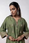 Buy_Pants And Pajamas_Green Chanderi Sequins, Zari, Embroidery Split V-neck Floral Kurta And Pant Set _Online_at_Aza_Fashions