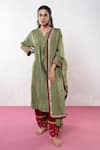 Shop_Pants And Pajamas_Green Chanderi Sequins, Zari, Embroidery Split V-neck Floral Kurta And Pant Set _Online_at_Aza_Fashions