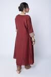 Shop Pants And Pajamas Maroon Chanderi, Organza Embroidery Split V-neck Sleeve Kurta Set at Aza Fashions Shop_Pants And Pajamas_Maroon Chanderi, Organza Embroidery Split V-neck Sleeve Kurta Set _at_Aza_Fashions