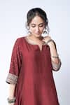 Shop Pants And Pajamas Maroon Chanderi, Organza Embroidery Split V-neck Sleeve Kurta Set Online at Aza Fashions Shop_Pants And Pajamas_Maroon Chanderi, Organza Embroidery Split V-neck Sleeve Kurta Set _Online_at_Aza_Fashions