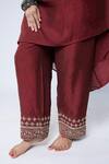 Pants And Pajamas Maroon Chanderi, Organza Embroidery Split V-neck Sleeve Kurta Set at Aza Fashions Pants And Pajamas_Maroon Chanderi, Organza Embroidery Split V-neck Sleeve Kurta Set _at_Aza_Fashions