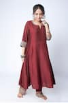 Buy_Pants and Pajamas_Maroon Chanderi Embroidery Zari Thread Notched Sleeve Kurta _at_Aza_Fashions