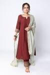 Pants and Pajamas_Maroon Chanderi Embroidery Zari Thread Notched Sleeve Kurta _Online_at_Aza_Fashions