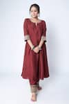 Buy_Pants and Pajamas_Maroon Chanderi Embroidery Zari Thread Notched Sleeve Kurta _Online_at_Aza_Fashions