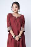 Shop_Pants and Pajamas_Maroon Chanderi Embroidery Zari Thread Notched Sleeve Kurta _Online_at_Aza_Fashions