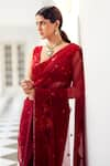 Shop_Mishru_Red Soft Tulle Embroidery Thread Glass Darla Rafflesia Garden Saree With Blouse _at_Aza_Fashions