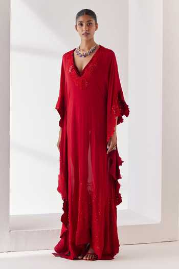 Buy_Mishru_Red Kaftan Chiffon Embroidery Shui Florence Cut Work Embellished With Slip _at_Aza_Fashions
