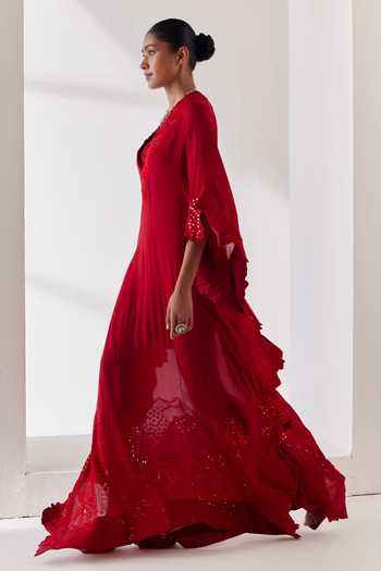 Shop_Mishru_Red Kaftan Chiffon Embroidery Shui Florence Cut Work Embellished With Slip _at_Aza_Fashions