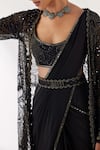 Mishru_Black Jacket And Blouse Reva Celeste Nightfall Embellished Pre-draped Saree Set _Online_at_Aza_Fashions