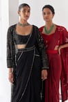 Buy_Mishru_Black Jacket And Blouse Reva Celeste Nightfall Embellished Pre-draped Saree Set _Online_at_Aza_Fashions