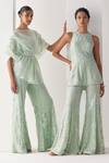 Mishru_Green Soft Tulle Embroidery Sequins Nahla Amaryllis Kurti With Flared Pant _at_Aza_Fashions