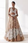 Buy_Mishru_Beige Soft Tulle Embroidery Floral V Neck Saga Lehenga Set  _at_Aza_Fashions