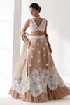 Shop_Mishru_Beige Soft Tulle Embroidery Floral V Neck Saga Lehenga Set  _at_Aza_Fashions