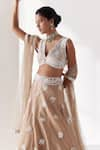 Mishru_Beige Soft Tulle Embroidery Floral V Neck Saga Lehenga Set _Online_at_Aza_Fashions