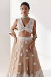 Buy_Mishru_Beige Soft Tulle Embroidery Floral V Neck Saga Lehenga Set _Online_at_Aza_Fashions