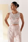 Buy_Mishru_Pink Velvet Embroidery Sequins Round Neck Mirin Top With Pant  _Online_at_Aza_Fashions