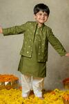 Shop_Vivedkids_Green Cotton Hand Embroidery Leaves Bundi Kurta Set _at_Aza_Fashions