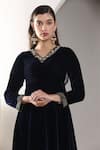 Buy_House Of TA-YA_Blue Kurta Velvet Embroidered Sequin V Neck Hand Anarkali Churidar Set_Online_at_Aza_Fashions