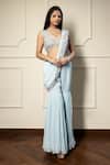 Buy_Meenagurnam_Blue Georgette Embroidery, Sequins Plunge Neck Resham Sharara Saree With Blouse _at_Aza_Fashions