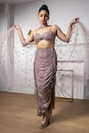 Buy_MeenaGurnam_Rose Gold Net Hand Embroidered Sequin And Crystal Work Sweetheart Draped Skirt Set_at_Aza_Fashions