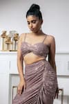 Shop_MeenaGurnam_Rose Gold Net Hand Embroidered Sequin And Crystal Work Sweetheart Draped Skirt Set_at_Aza_Fashions
