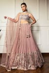 Buy_MeenaGurnam_Rose Gold Net Hand Embroidered Bead Round Neck Sequin Pleated Lehenga Set _at_Aza_Fashions