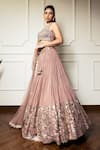 Shop_MeenaGurnam_Rose Gold Net Hand Embroidered Bead Round Neck Sequin Pleated Lehenga Set _Online_at_Aza_Fashions