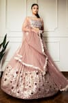 Shop_MeenaGurnam_Rose Gold Net Hand Embroidered Bead Round Neck Sequin Pleated Lehenga Set _at_Aza_Fashions