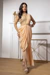 Buy_MeenaGurnam_Peach Net Hand Embroidered Cut Dana Plunged V Sequin Dhoti Saree With Blouse _at_Aza_Fashions