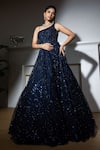 Buy_MeenaGurnam_Blue Net Embroidered Sequin Asymmetric Crystal Fringed Gown _at_Aza_Fashions