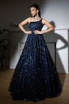 Buy_MeenaGurnam_Blue Net Embroidered Sequin Asymmetric Crystal Fringed Gown _Online_at_Aza_Fashions