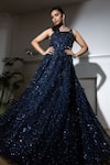 Shop_MeenaGurnam_Blue Net Embroidered Sequin Asymmetric Crystal Fringed Gown _at_Aza_Fashions