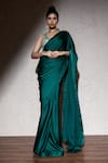 Buy_MeenaGurnam_Green Armani Satin Embroidered Pearl Plunged V Saree With Blouse _at_Aza_Fashions