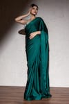 Shop_MeenaGurnam_Green Armani Satin Embroidered Pearl Plunged V Saree With Blouse _Online_at_Aza_Fashions