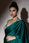 Shop_MeenaGurnam_Green Armani Satin Embroidered Pearl Plunged V Saree With Blouse _at_Aza_Fashions