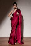 Buy_MeenaGurnam_Maroon Armani Satin Embroidered Pearl Plunged V Saree With Mirror Blouse _at_Aza_Fashions