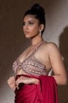 Buy_MeenaGurnam_Maroon Armani Satin Embroidered Pearl Plunged V Saree With Mirror Blouse _Online_at_Aza_Fashions