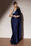 Meenagurnam_Blue Armani Satin Embroidered Pearl Plunged V Saree With Sequin Blouse_Online_at_Aza_Fashions