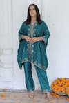 Buy_Safaa_Blue Vegan Silk Woven Gardenia Scallop V Neck Idris Kaftan With Pant _at_Aza_Fashions