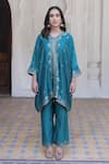 Buy_Safaa_Blue Vegan Silk Woven Gardenia Scallop V Neck Idris Kaftan With Pant _Online_at_Aza_Fashions