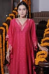 Safaa_Pink Moonga Silk Woven Ditsy Butti V Neck Elham Kaftan With Pant_Online_at_Aza_Fashions