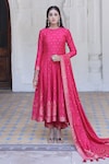 Buy_Safaa_Pink Moonga Silk Woven Peony Fleur Butti Round Neck Reza Anarkali Pant Set_at_Aza_Fashions